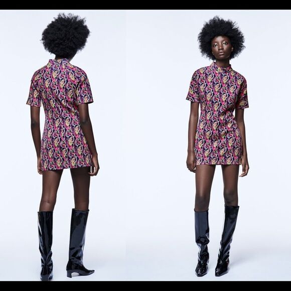 Zara pink printed multicoloured high collar short sleeve mini dress size S NWT - Picture 2 of 10